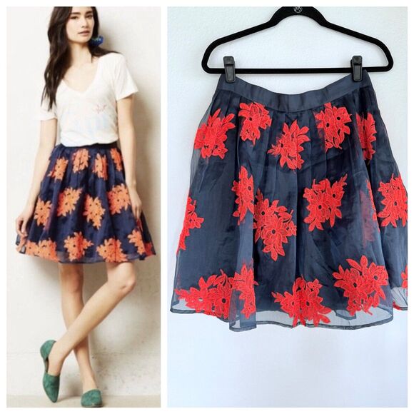 Anthropologie Maeve Pome Blossom Embroidered Tulle Full Skirt in Blue & Hot Pink - Picture 1 of 12